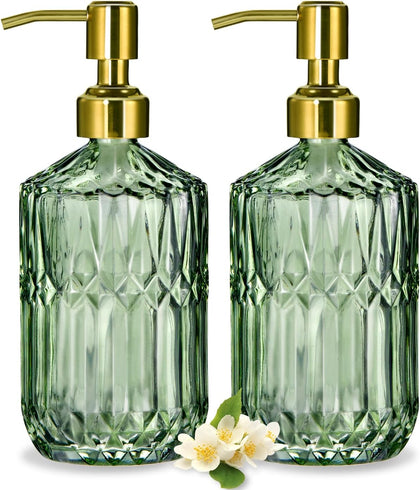 17 Oz Green Glass Kitchen Soap Dispenser for Dish Soap, 2 Pack Bathroom Soap Dispenser Set with Gold Rust Proof Pump