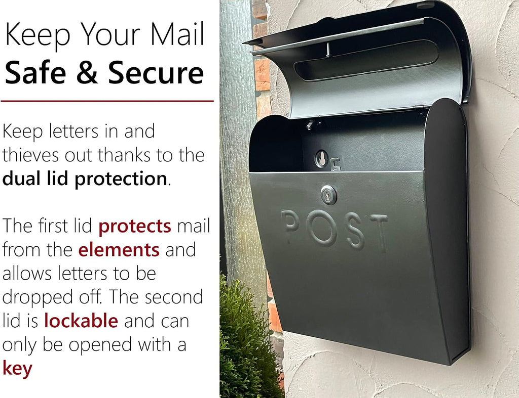 Locking Black Wall Mount Mailbox, Durable Euro Black Mailboxes for Outside, Features Pre Drilled Holes for Easy