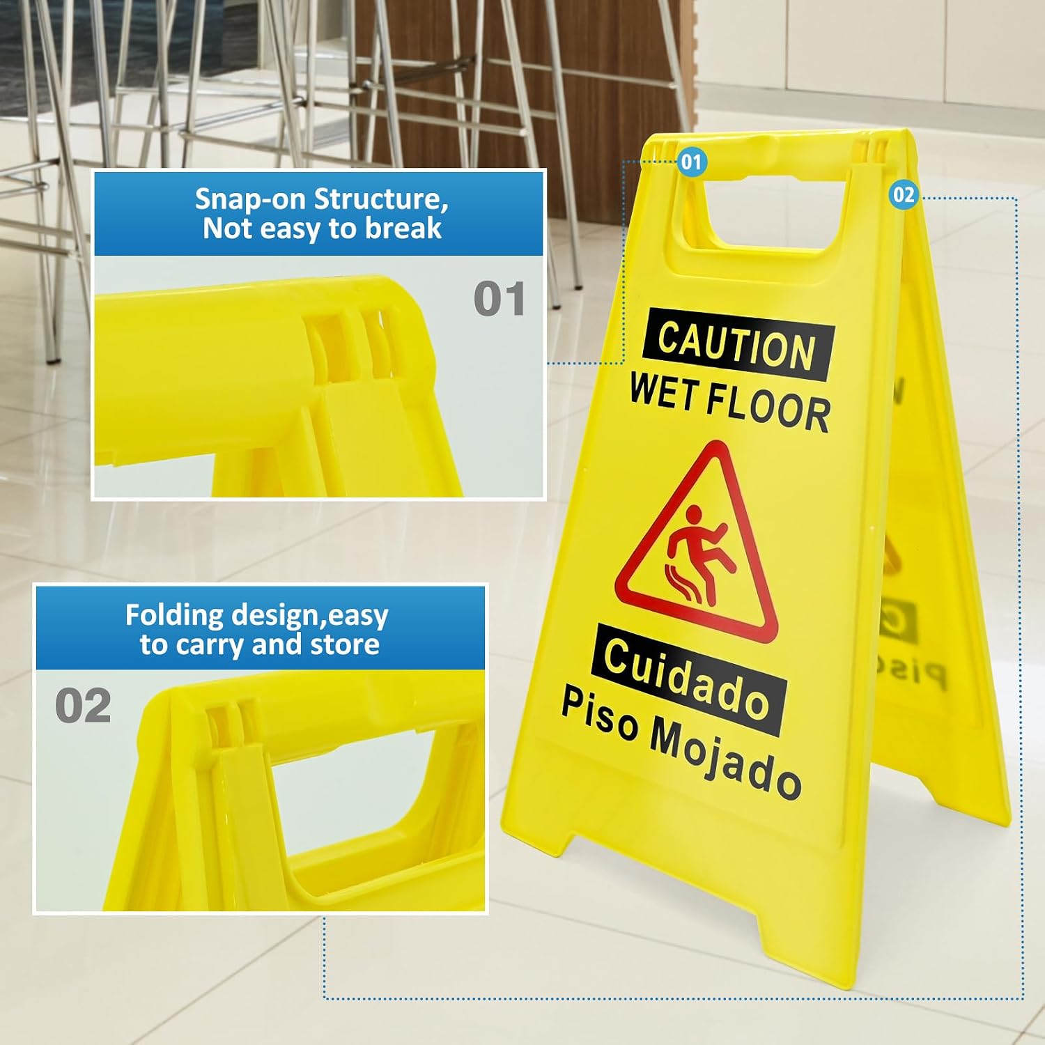 4-Pack Caution Wet Floor Sign, 17.5" Height, Bright Yellow, Double-Sided A-Shaped Frame Design, Bilingual Caution