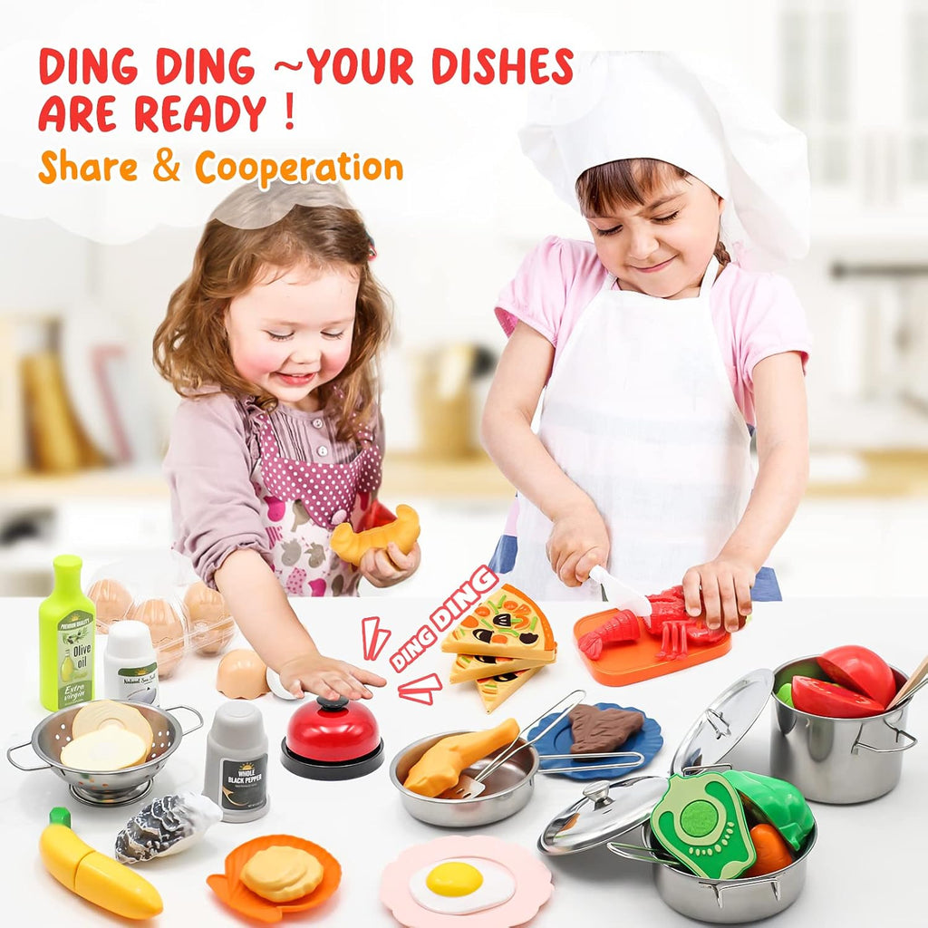 Kids Pretend Play Kitchen Accessories Set, 38Pcs Stainless Steel Play Pots Pans Sets for Kids, Toy Cookware Cooking