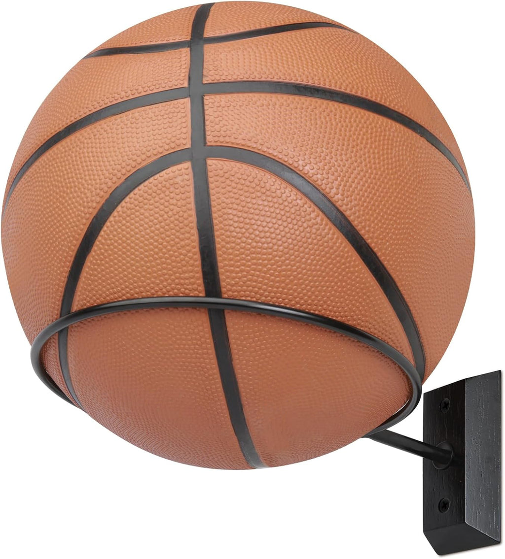 Basketball Holder Wall Mount, 7 Inch Wall Mount Ball Holder with Black Walnut Solid Wood Base & Metal Ring, Sports