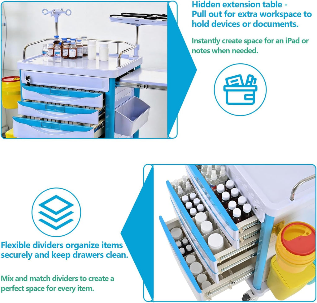 Medical Rolling Storage Crash Cart with Wheels & Drawers, Mobile Medical Cart with 5-Drawer, Medical Rolling Cart for