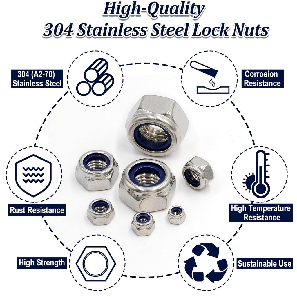 ZQZ 300Pcs Metric Stainless Nylon Lock Nuts Assortment Kit; M3-M12 Locknut