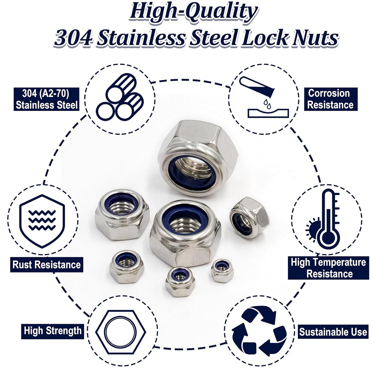 ZQZ 300Pcs Metric Stainless Nylon Lock Nuts Assortment Kit; M3-M12 Locknut