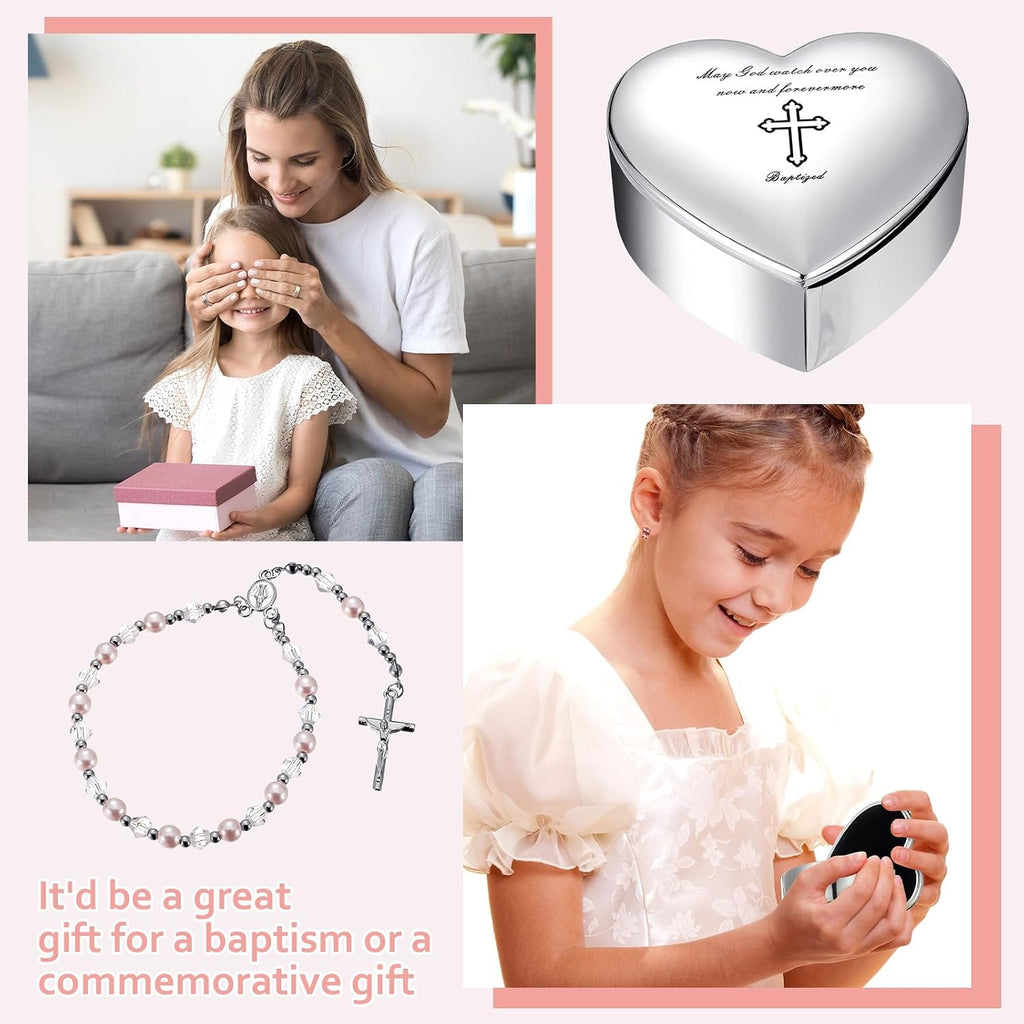 2 Pcs Heart Jewelry Keepsake Box and Pink Baby Rosary Baptism Gift, Silver Toned Jewelry Box with Engraved Cross Baby
