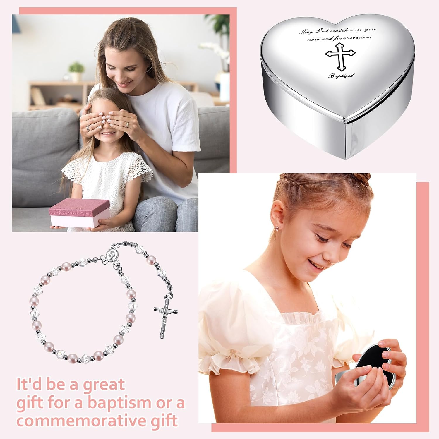 2 Pcs Heart Jewelry Keepsake Box and Pink Baby Rosary Baptism Gift, Silver Toned Jewelry Box with Engraved Cross Baby