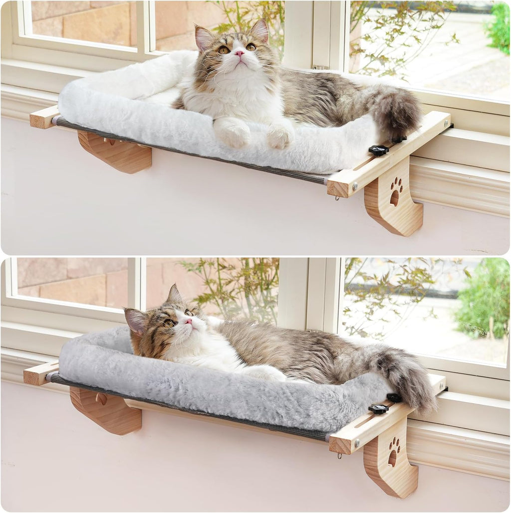 Cat Sill Window Perch Sturdy Hammock Window Seat with Cushion Bed Cover, Wood & Metal Frame for Large Cats, Easy to