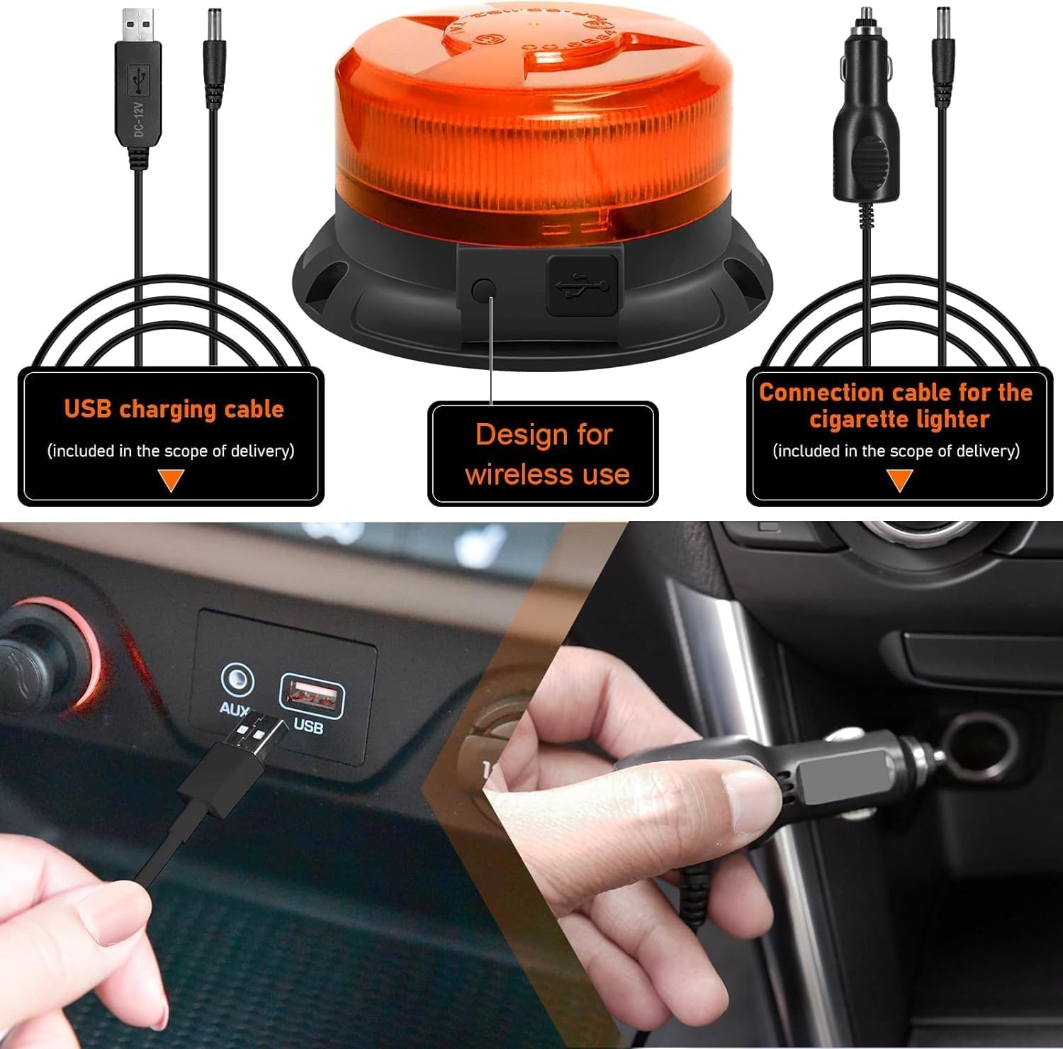 Amber Magnetic Strobe Beacon Light for Trucks & Golf Carts, Rechargeable | Emergency Amber Beacon, Cordless, IP68