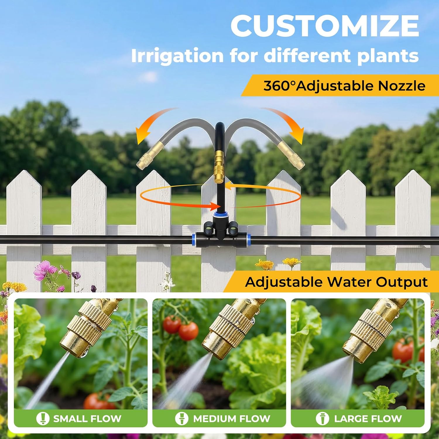50FT Drip Irrigation Kit, 360° Adjustable Garden Watering System with 1/4" Tubing, Brass Misting Nozzles, DIY