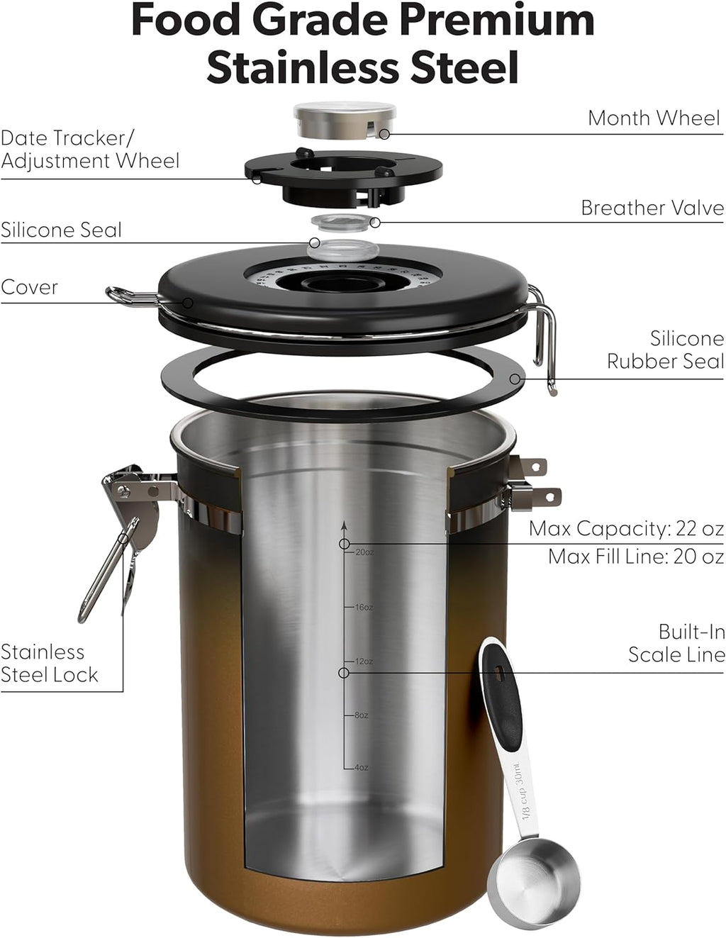 Coffee Canister with Window, Airtight Stainless Steel Container, 22OZ | Kitchen Food Storage Pantry Organizers for