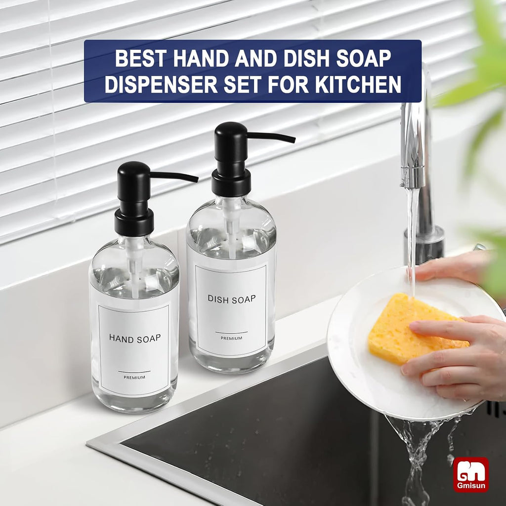 Glass Soap Dispenser with Pump, 2 Pack Clear Bathroom Hand Soap Dispenser with Stainless Steel Pump, 17 Fl Oz