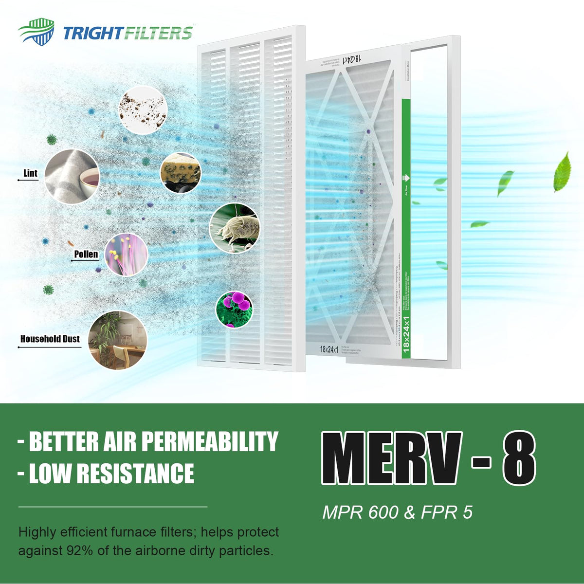 18x24x1 Air Filter 4 Pack, MERV 8 Pleated HVAC Furnace Filter