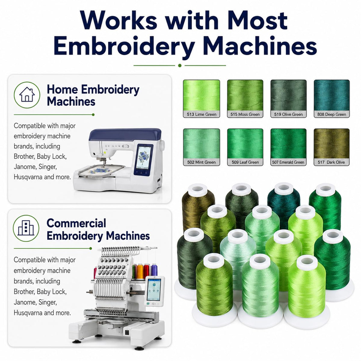15-Color Polyester Machine Embroidery Thread Set, Green Series