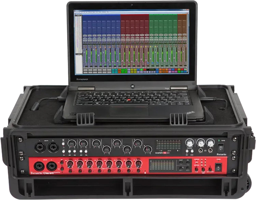 Studio Flyer Rack Case - 2U Waterproof Carry-on with Laptop Surface, Molded Rack Rails, Rubber Cleats and Quiet
