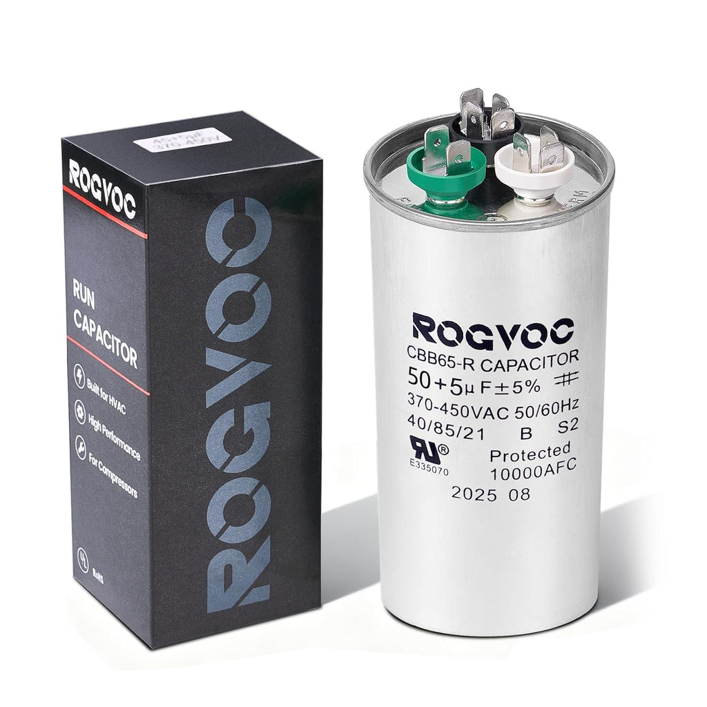 50+5 uF 50/5 MFD ±5% 370/440V CBB65 UL Certified Round Start Capacitor, Dual Run Capacitor for AC Compressor and Fan Motor, Replacement for Air Conditioner Condenser or Heat Pump Systems