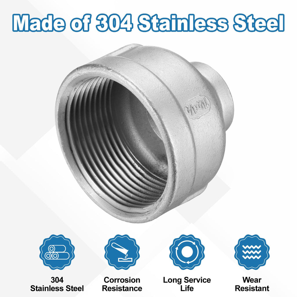 HARFINGTON Reducing Coupling 1-1/2"x1/2" NPT Female 304 Stainless Steel