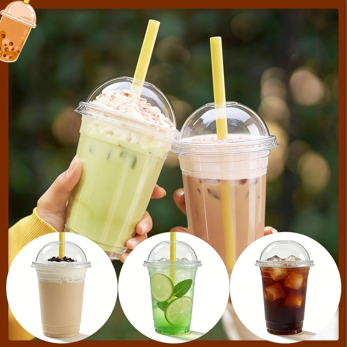 50 Sets 16 oz Clear Plastic Cups with Dome Lids and Straws