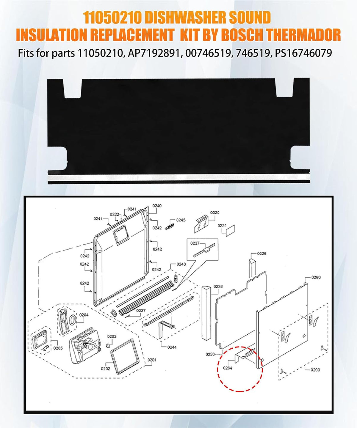 11050210 Dishwasher Sound Insulation Replacement kit for Bosch Thermador
