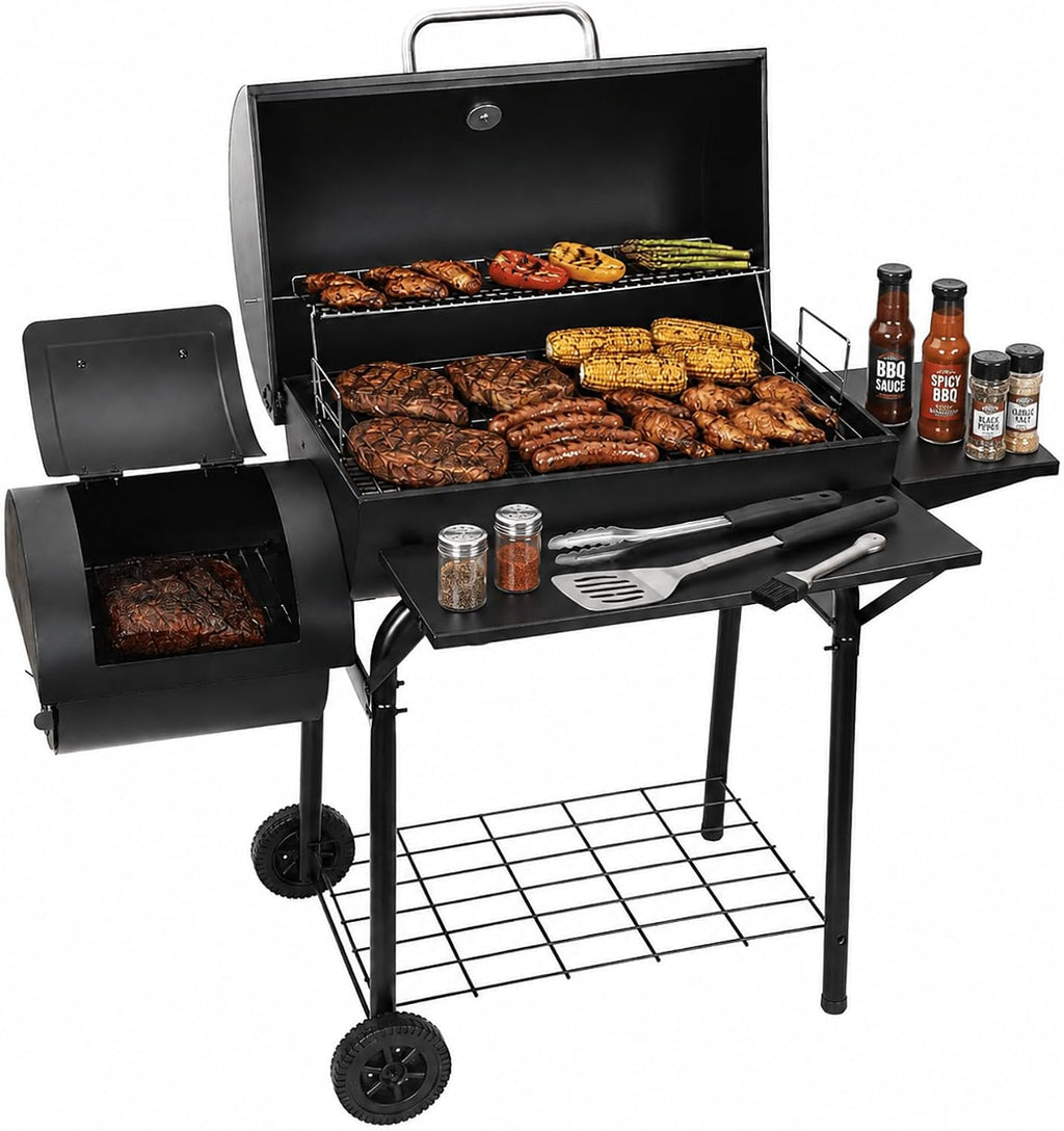 Charcoal Grill with Offset Smoker: Spacious Barrel Charcoal Grills