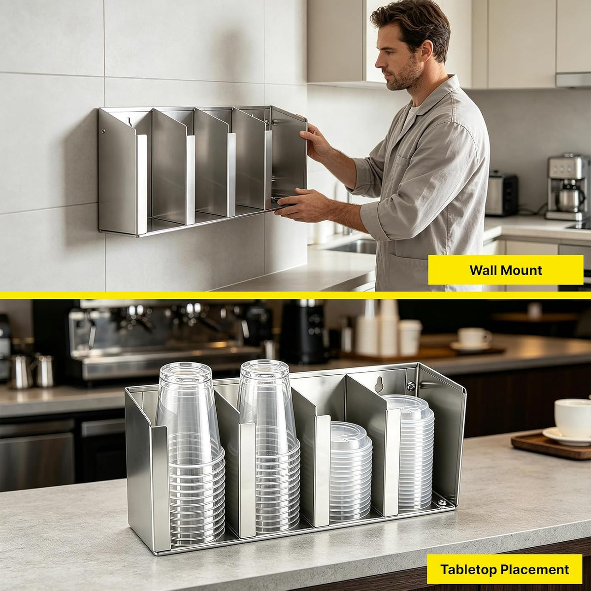 Stainless Steel Cup Dispenser, 4 Compartments Cup & Lid Holder