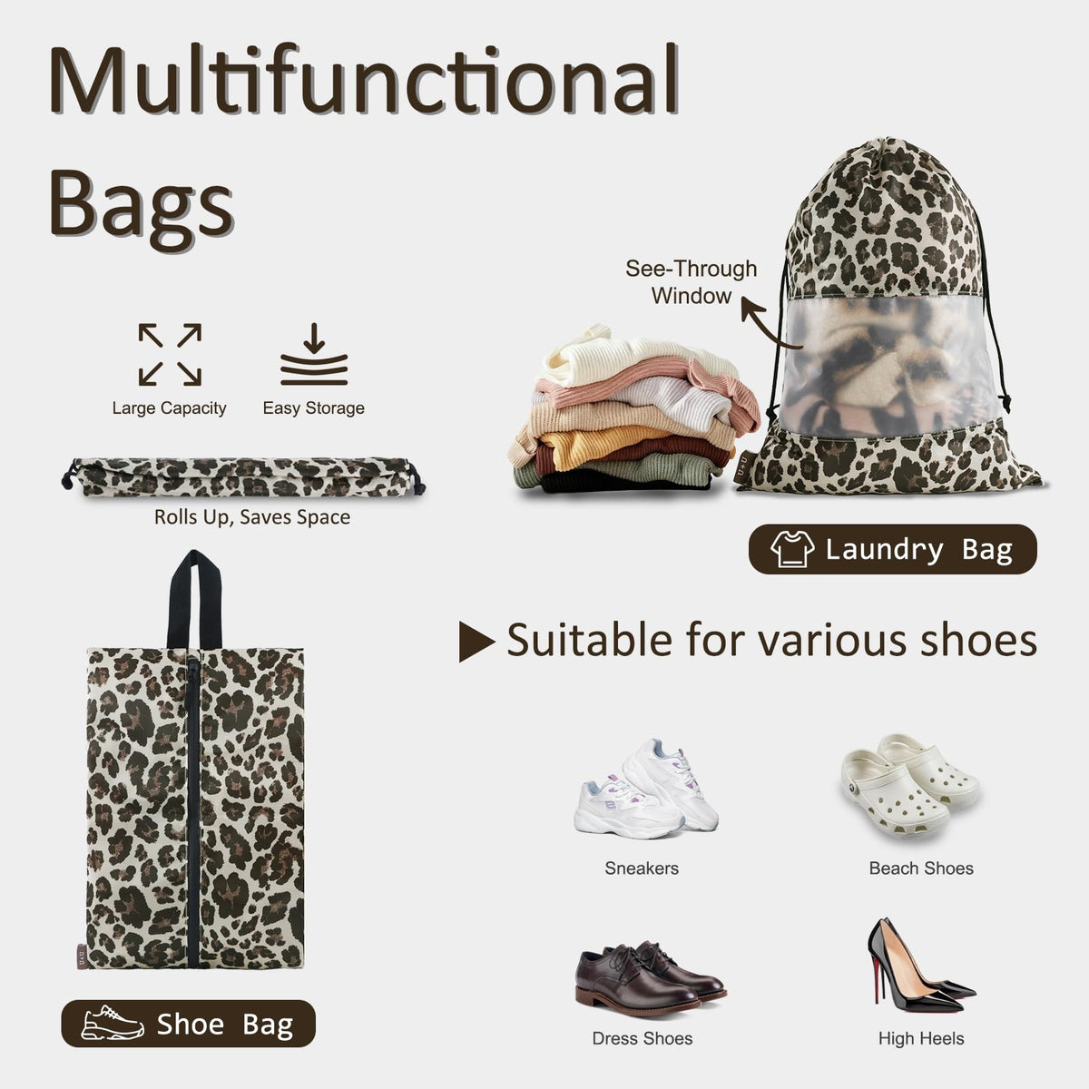 5 Set Packing Cubes, Travel Organizers with Shoe Bag (Leopard)