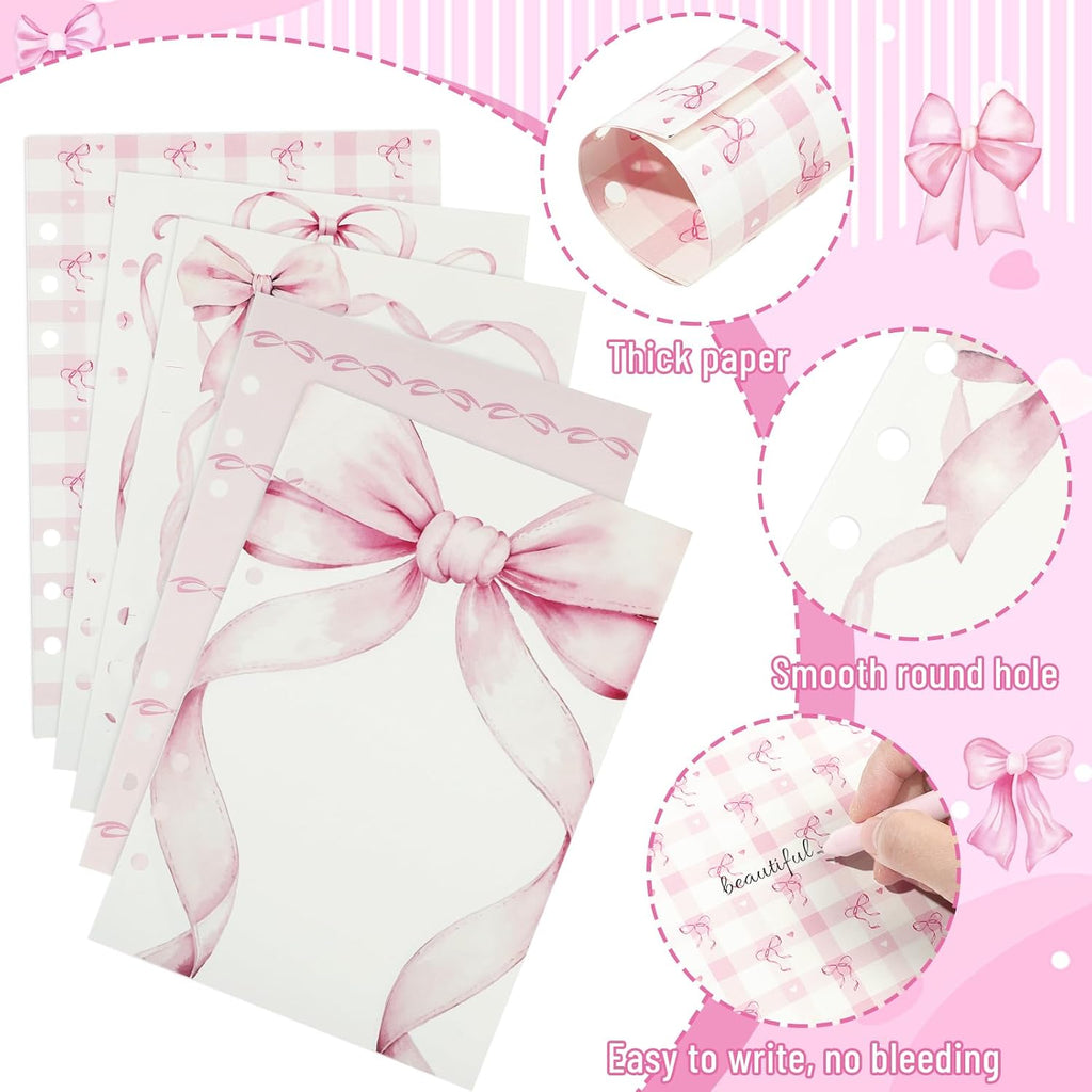 100 Sheets Pink Bow A5 Refills Paper for Planner Inserts Binder, Thick 6 Hole Notebook Refill, 120GSM Filler Loose