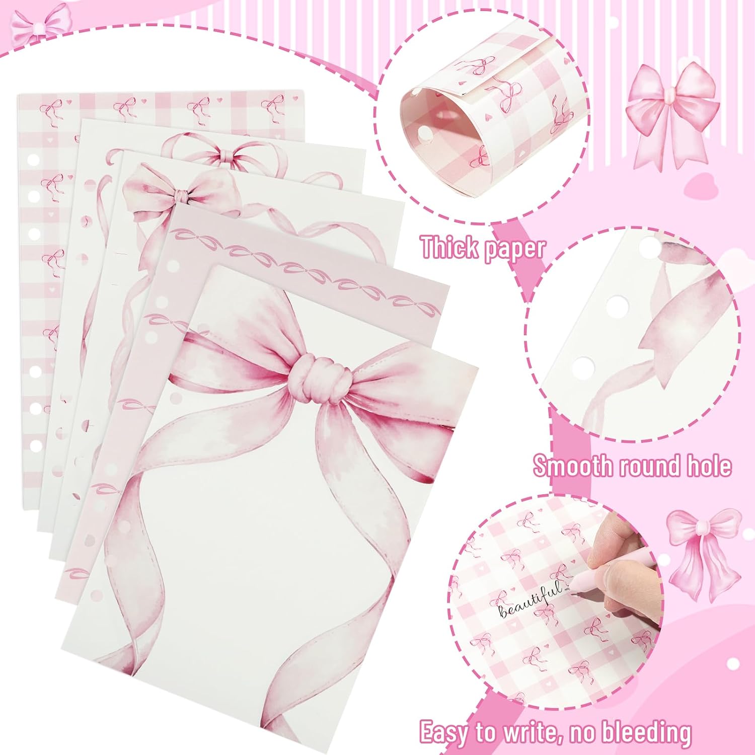 100 Sheets Pink Bow A5 Refills Paper for Planner Inserts Binder, Thick 6 Hole Notebook Refill, 120GSM Filler Loose