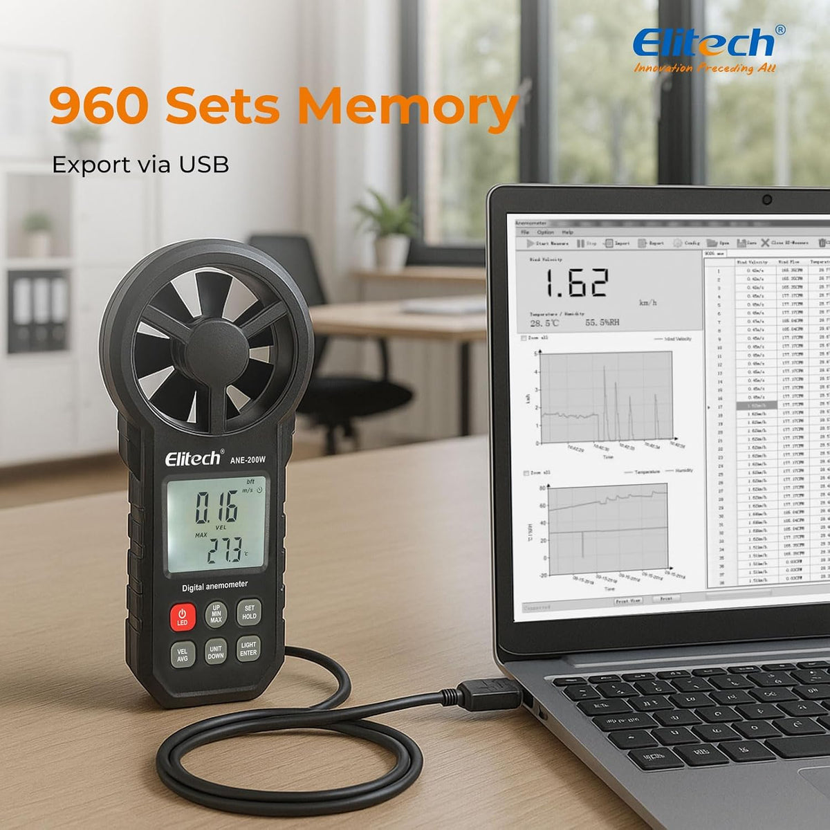 Elitech ANE-200W HVAC Anemometer, Air Flow & Temp Meter with Bluetooth
