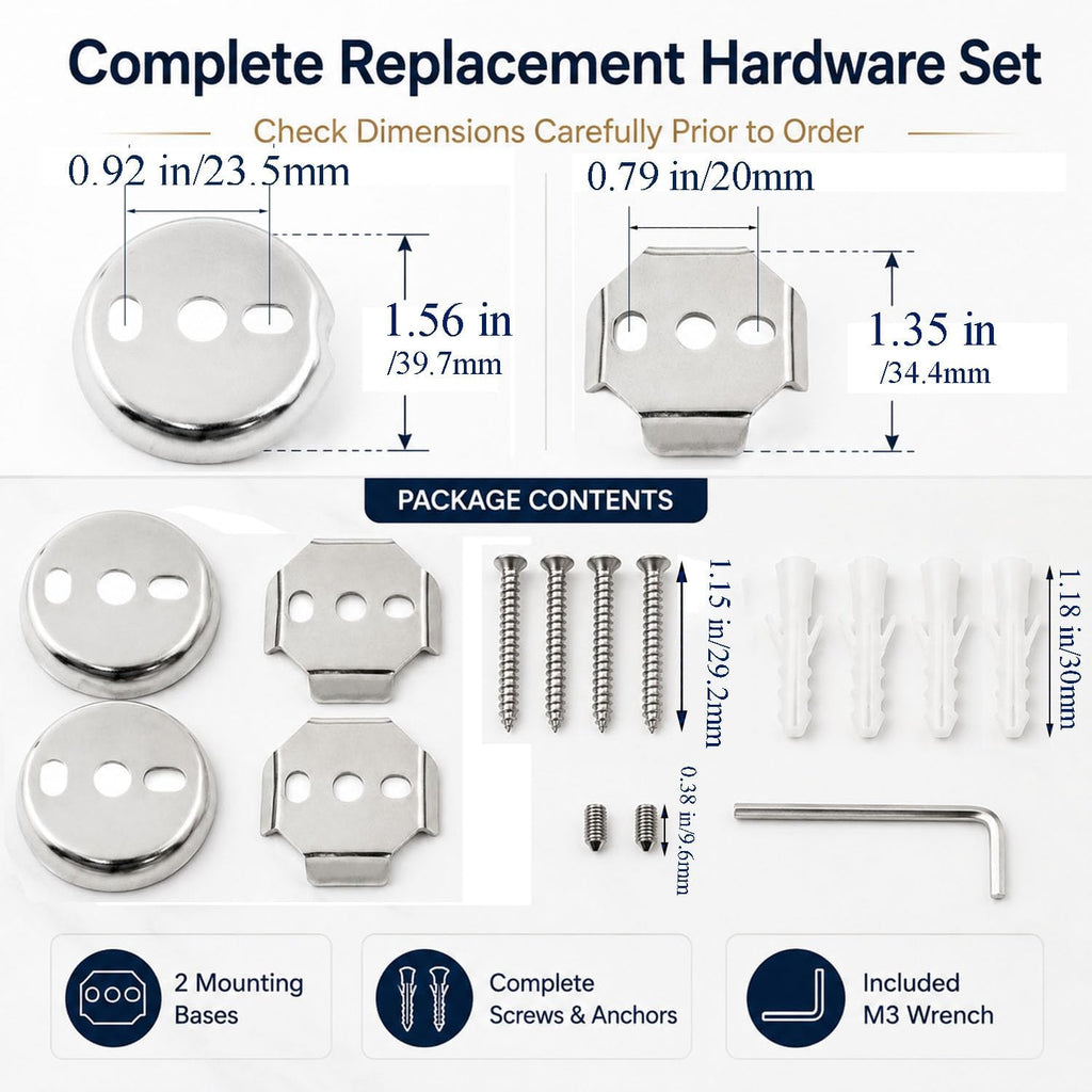Towel Bar Mounting Hardware Universal Stainless Steel Bracket 1 Set | 2 Round and 2 Square Bases, Stainless Steel