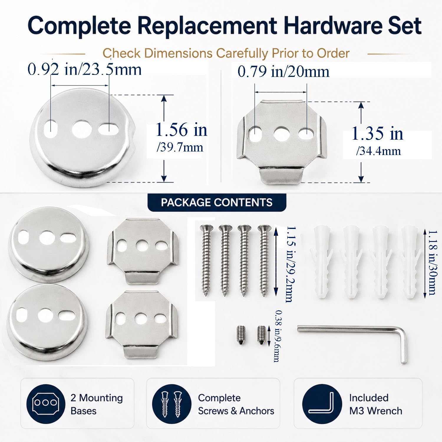 Towel Bar Mounting Hardware Universal Stainless Steel Bracket 1 Set | 2 Round and 2 Square Bases, Stainless Steel