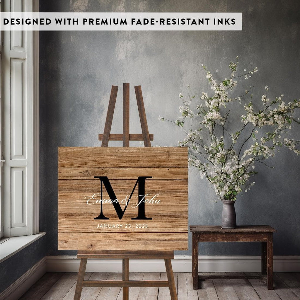 Custom Large Canvas Wedding Guest Book Alternative, 16 x 20 Inches, Rustic Wood Monogram Horizontal Personalized Sign