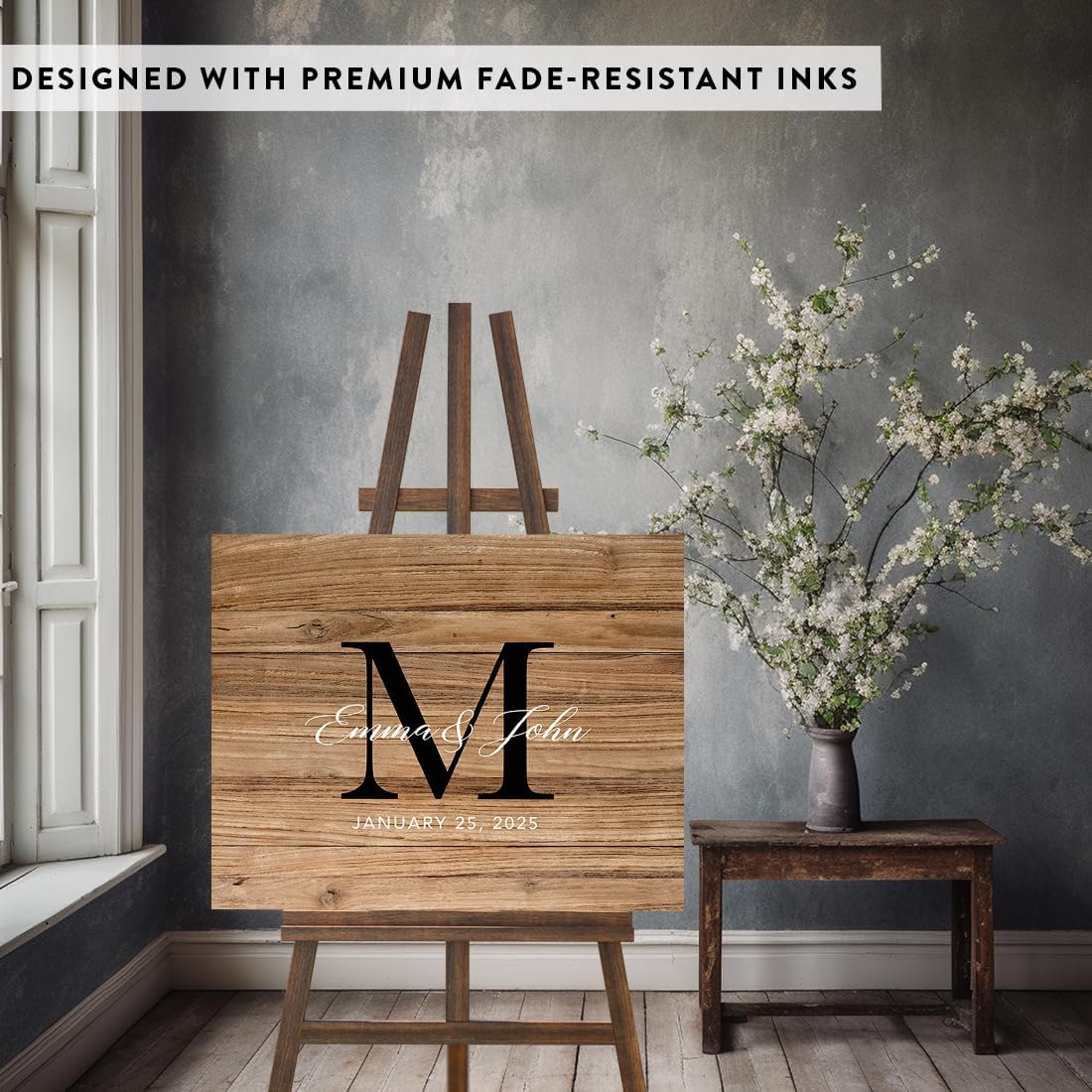 Custom Large Canvas Wedding Guest Book Alternative, 16 x 20 Inches, Rustic Wood Monogram Horizontal Personalized Sign