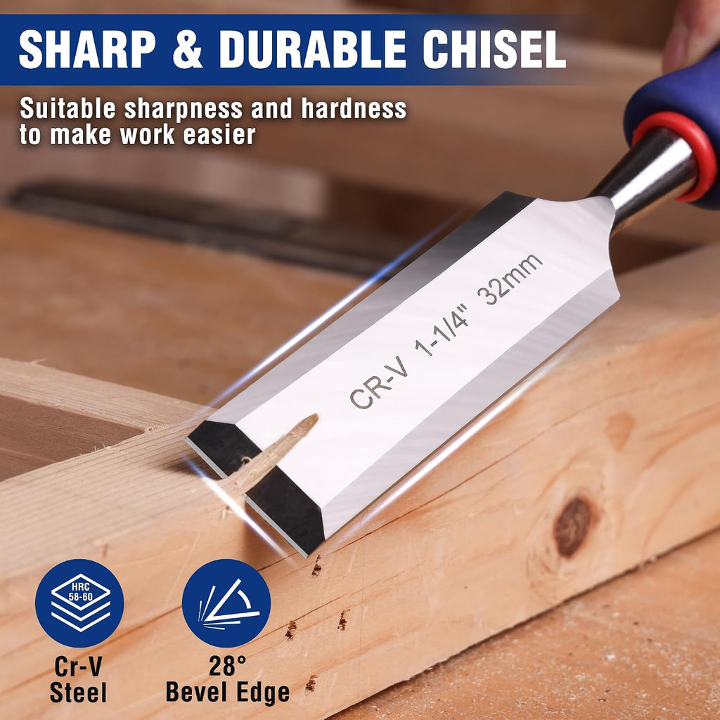 10-Piece Wood Chisel Set for Woodworking, Cr-V Bevel Edge Chisels (1/4", 1/2", 3/4", 1", 1-1/4", 1-1/2") with