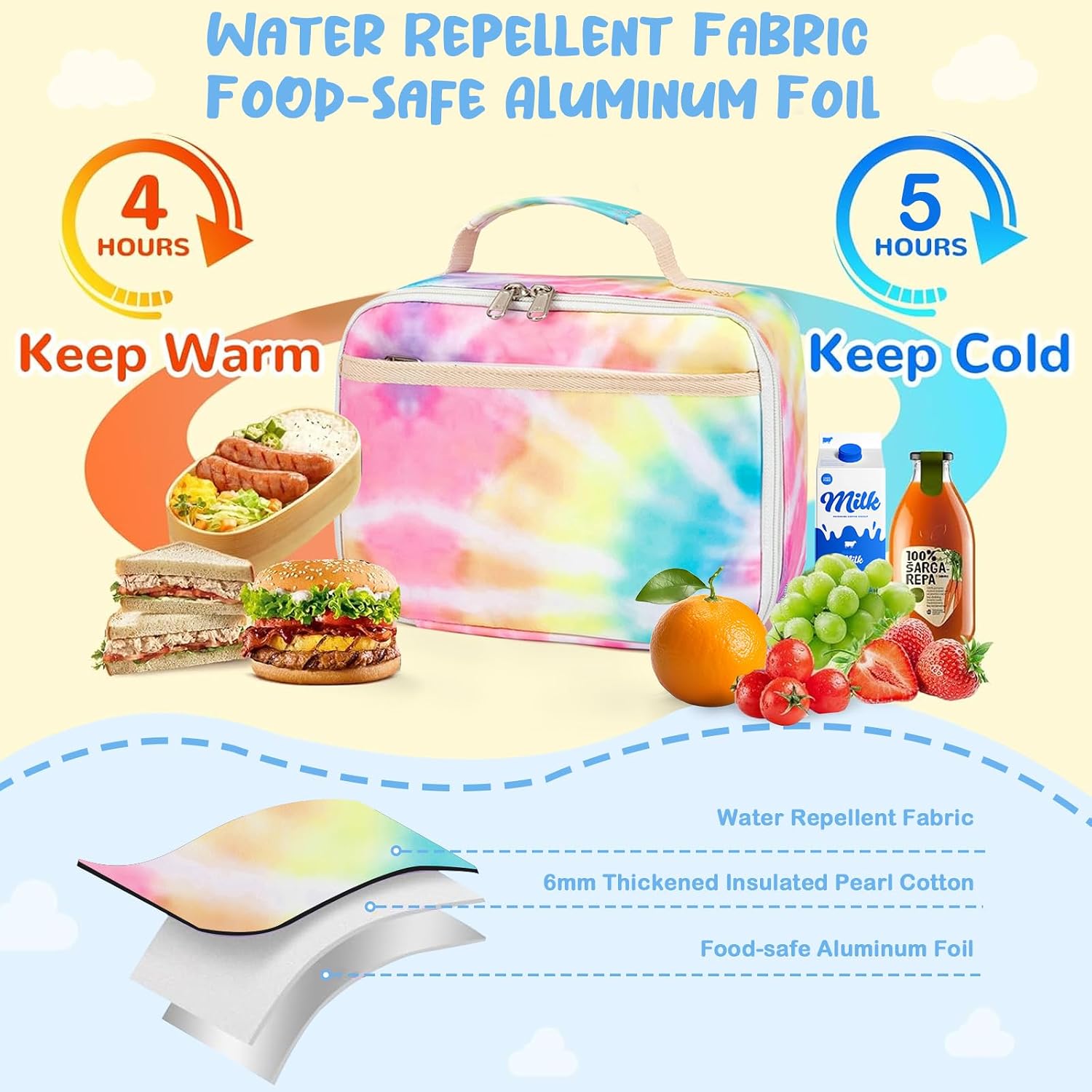 Kids Lunch Box Boys Girls Insulated Lunch Cooler Bag Reusable Lunch Tote Kit for School Travel (094 Tie Dye)