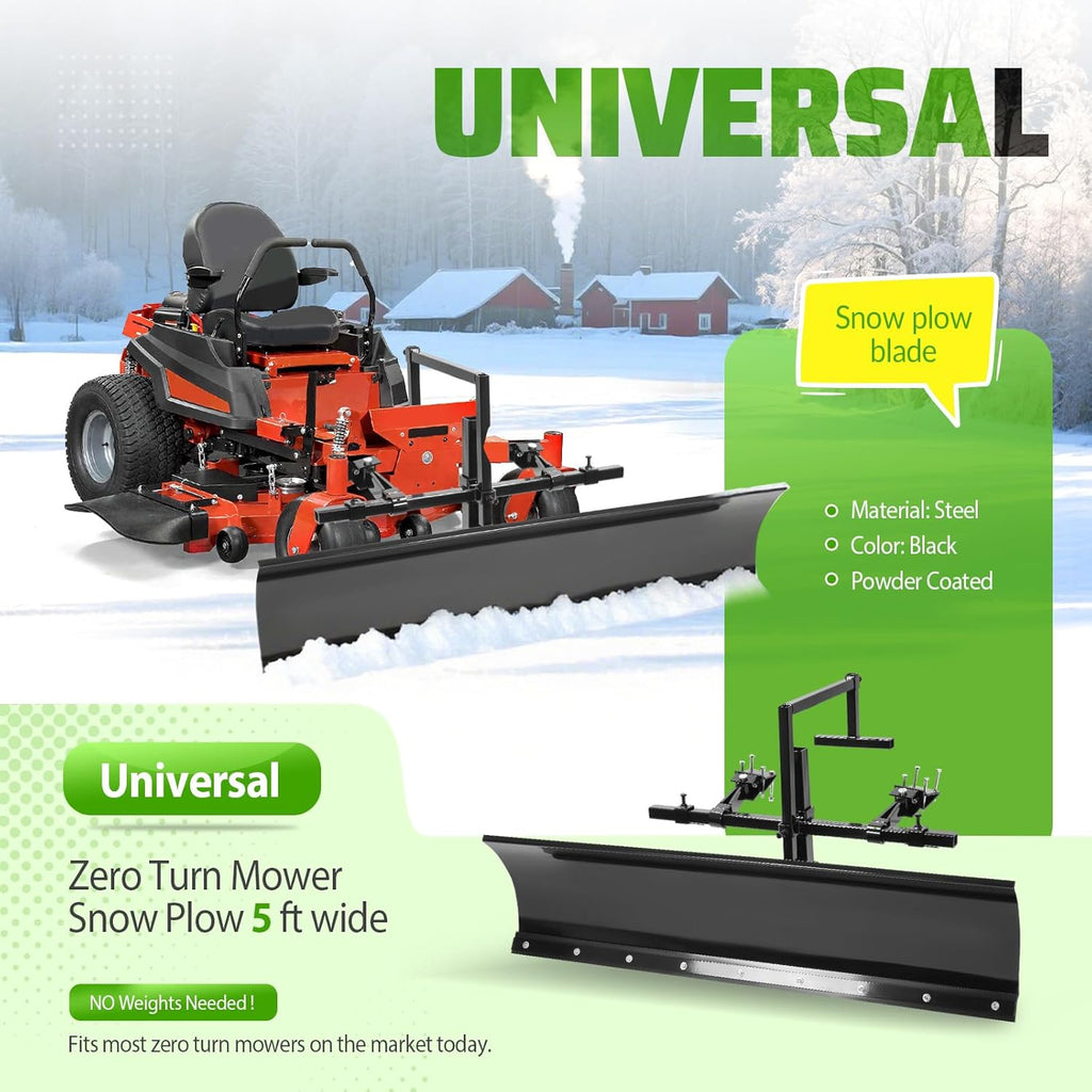 60 In Universal Snow Plow Blade Compatible with Zero Turn Mower Snow Plow 5FT Wide Steel Powder Coated Adjustable