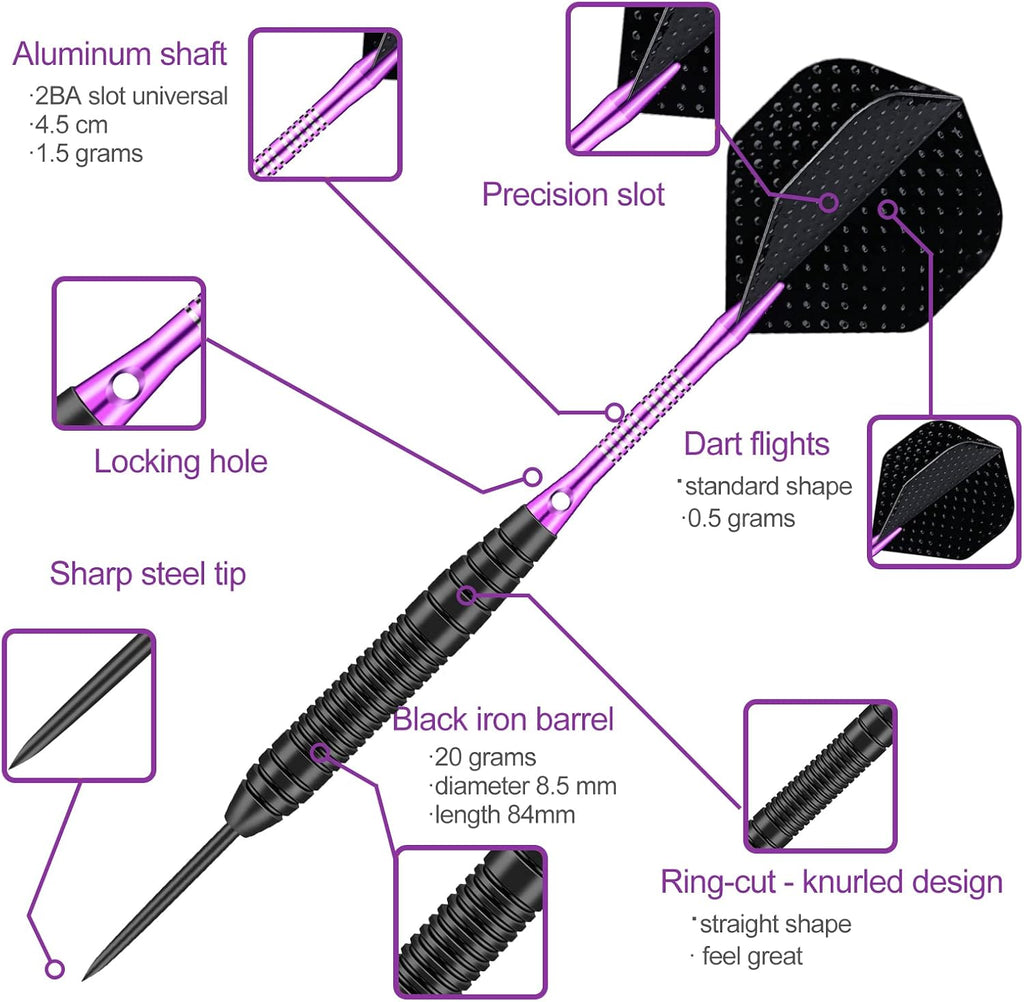 Darts Metal Tip Set - 3 Pack Professional 22 Grams Steel Tip Darts with Slim Case Black Purple Blue Aluminum Shafts 9