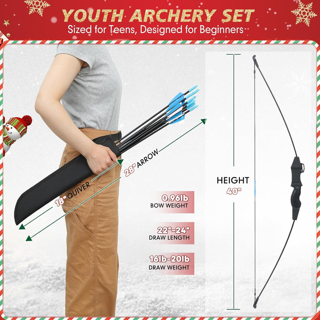 40" Youth Bow and Arrow Set for Kids 8-12 & Teens - Ambidextrous Recurve Archery Gear with Safety Arrows - Toys for