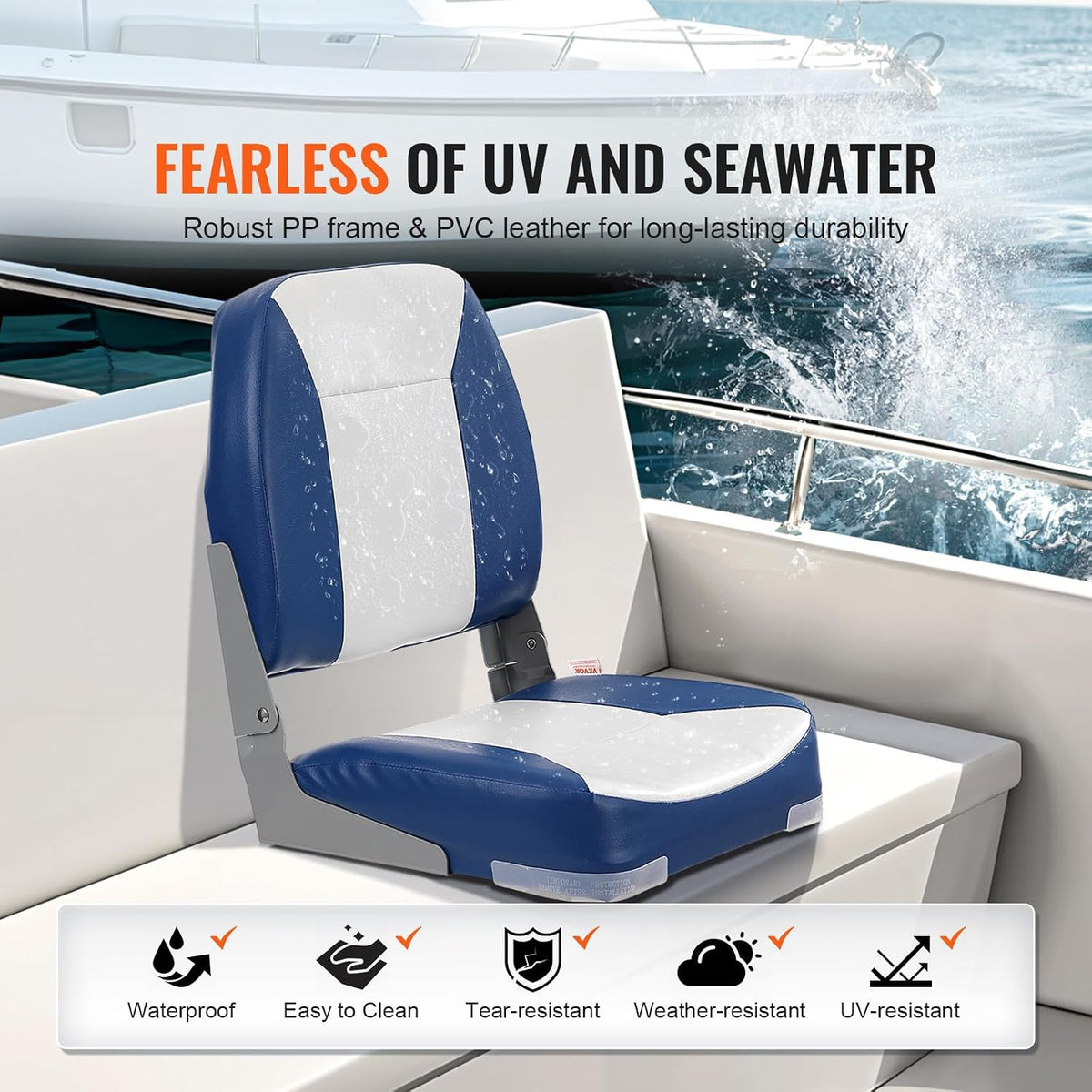 Folding Boat Seat, 18.9" Low Back Seat with Thickened Sponge Padding, Fold-Down Captain Chair for Fishing