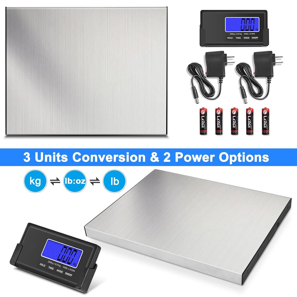440lb Heavy Duty Digital Shipping Scale, 10g Wireless LCD | Stainless Steel Platform, Large Backlit LCD, Hold/Tare