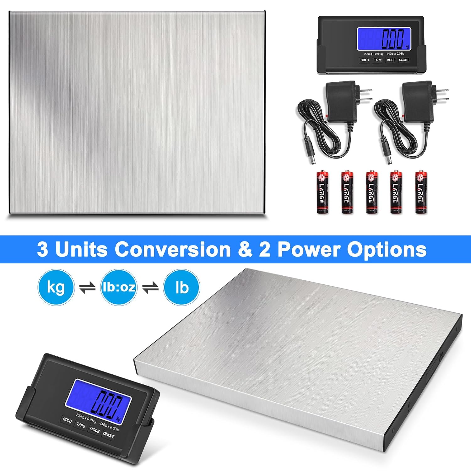 440lb Heavy Duty Digital Shipping Scale, 10g Wireless LCD | Stainless Steel Platform, Large Backlit LCD, Hold/Tare