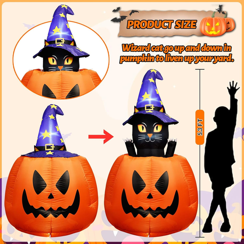 5.3 FT Halloween Inflatable Animated Witch Cat in Pumpkin, Blow Up Yard Decorations with Build-in LEDs Lighted Decor