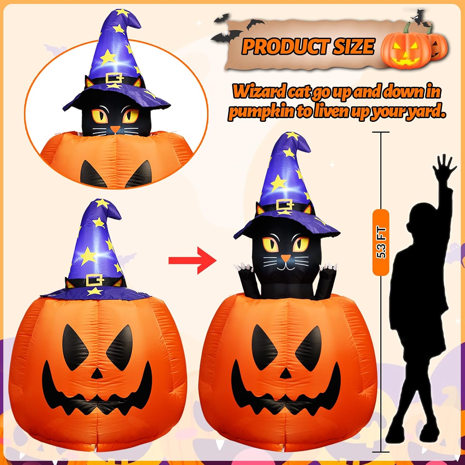 5.3 FT Halloween Inflatable Animated Witch Cat in Pumpkin, Blow Up Yard Decorations with Build-in LEDs Lighted Decor