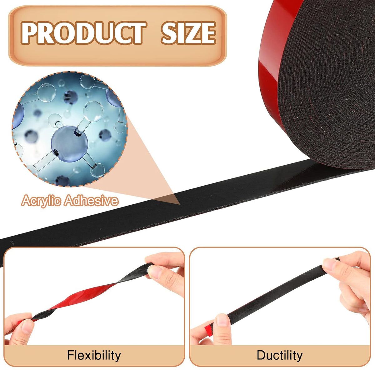 2 Rolls 1/2 Inch by 50 Feet Double Sided Tape Heavy Duty Waterproof Mounting Foam Adhesive Double Stick Black Tape