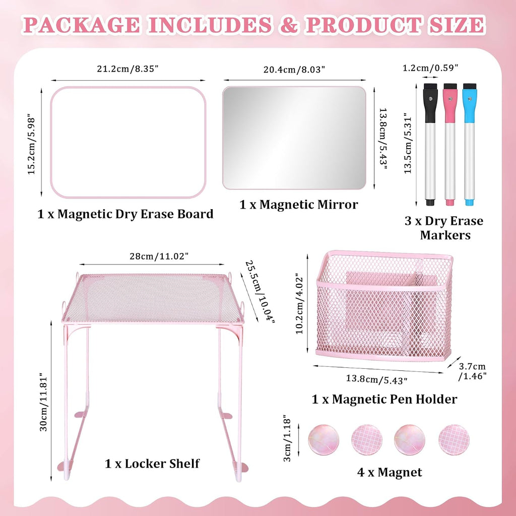 11 PCS Locker Accessories Kit Pink Locker Organizer Decorations Supplies Includes Folding Shelf, Magnetic Mirror &