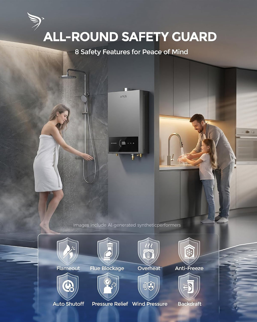 Tankless Water Heater Propane Gas, Up to 3.6 GPM, Indoor Hot Water Heater, 80,000 BTU on Demand Instant Hot Water