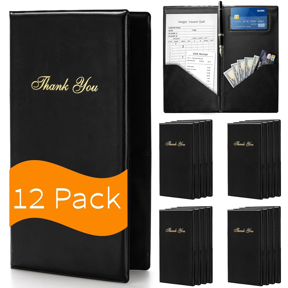 12 Pack Restaurant Check Presenters, Black Gold Thank You Imprint