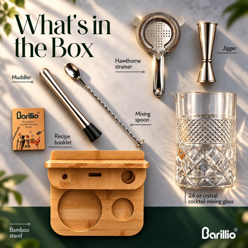 24 Oz Crystal Cocktail Mixing Glass with Bamboo Stand & Bar Tools | Seamless Lead-Free Crystal, Weighted Base