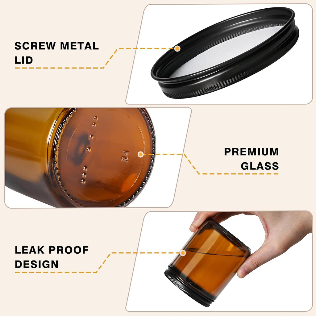 Candle Jars for Making Candles 12pcs, 8oz Amber Glass Containers with Lids, Thick Glass Jars with Matte Black Metal