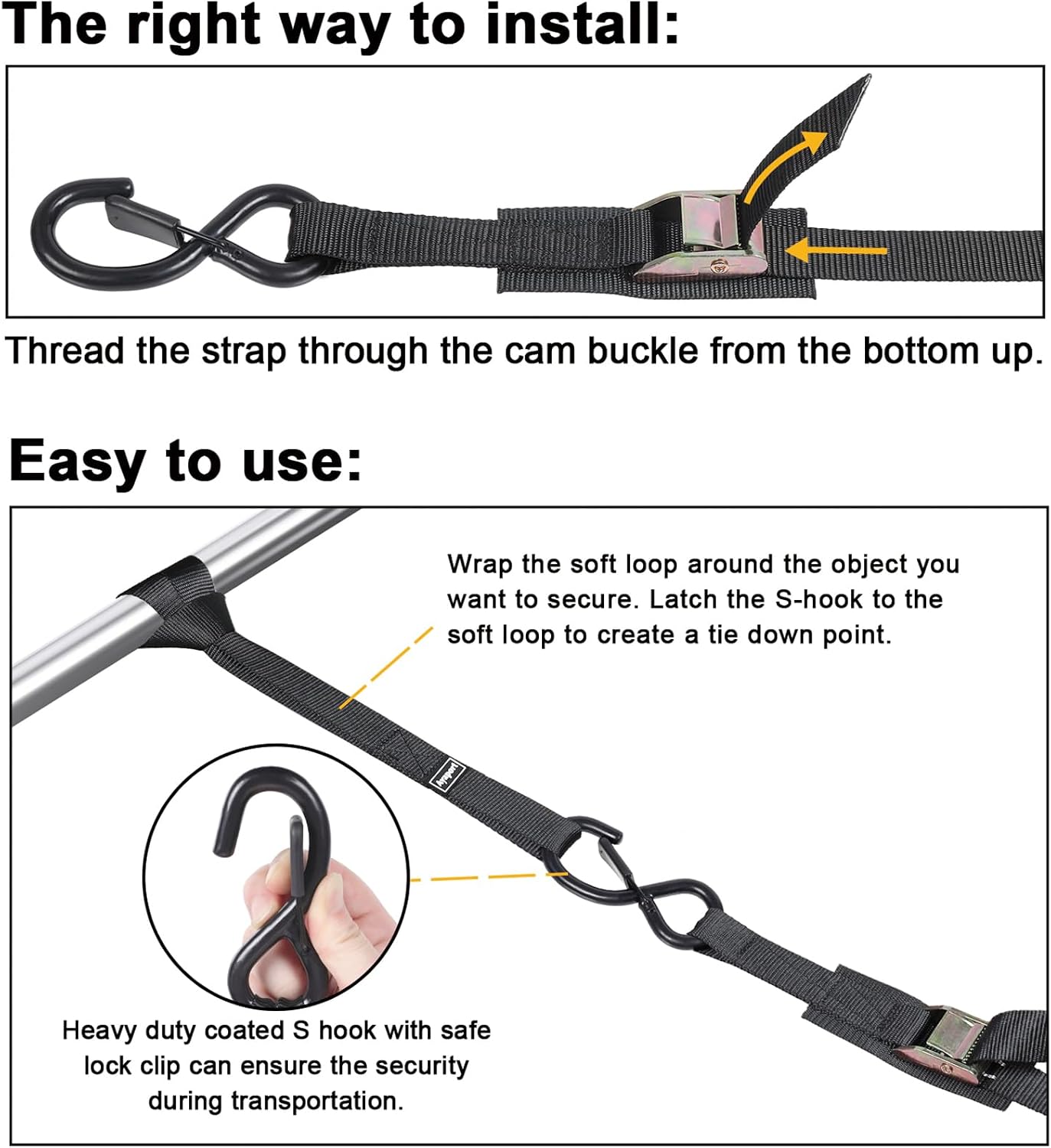 Cam Buckle Tie Down Straps 8ft 1250lbs Break Strength 4 pcs | Securing Straps with S Hooks for Motorcycle, Car