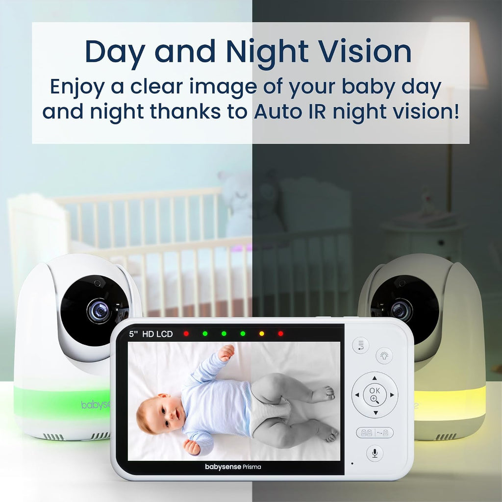 Prisma Baby Monitor with Camera and Audio, No WiFi 5” HD Video Baby Monitor, 6-Color Night Light, Split Screen